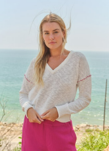 V-Neck Sweater W/ Contrast Stitching - Optic White