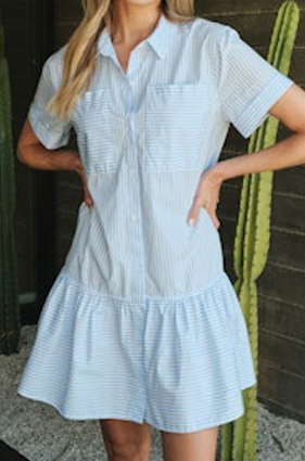 Spring Stripe Poplin Mini ShirtDress - Robin's Egg