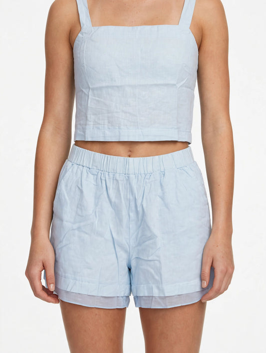 Linen Double Hem Shorts - Blue Haze