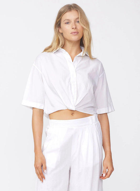Voile Short Sleeve Cropped Twist Shirt - White