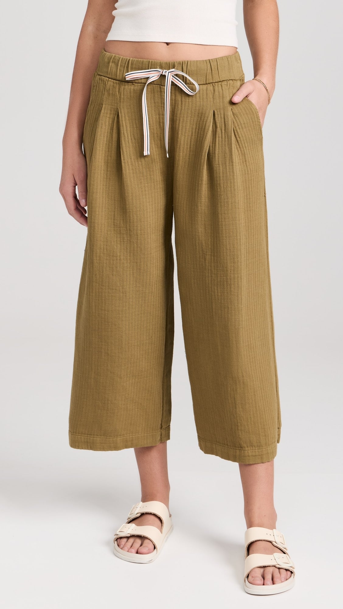 Wide Leg Cropped Pants - Olive